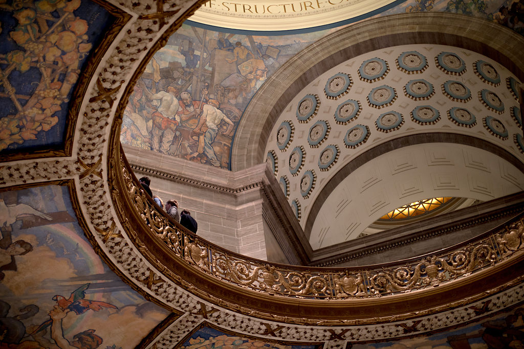People gather in the second floor of the Missouri State Capitol